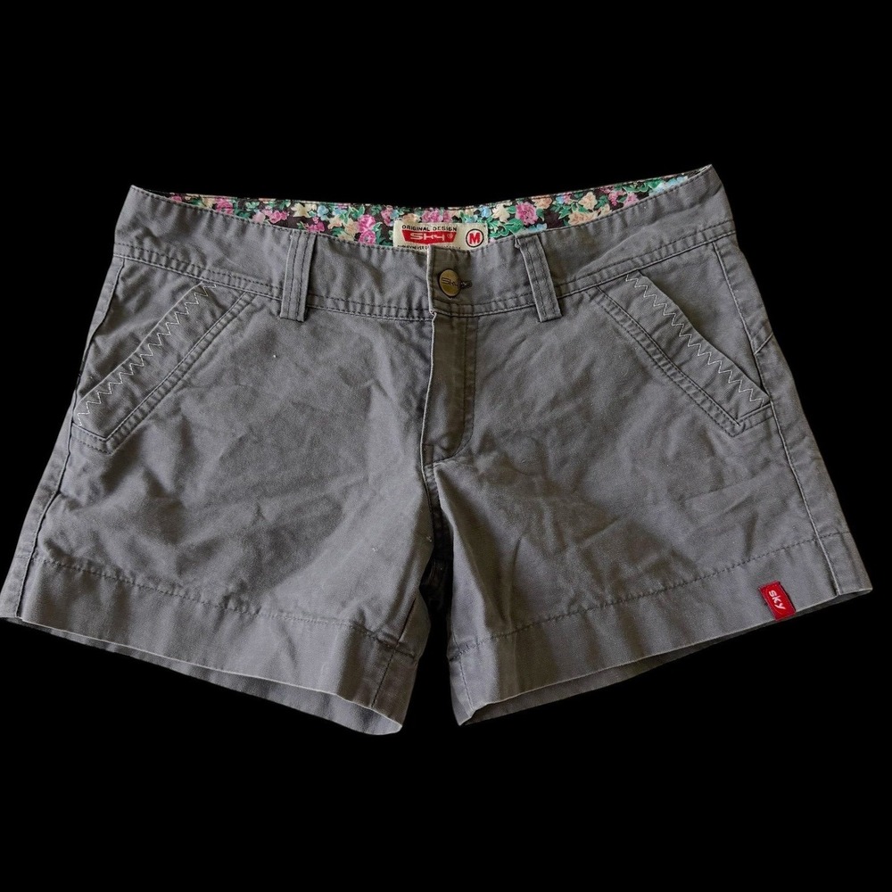 Y2K Sky Utility‎ Gray Chino Shorts Floral Waistband Zigzag Stitch Womens M